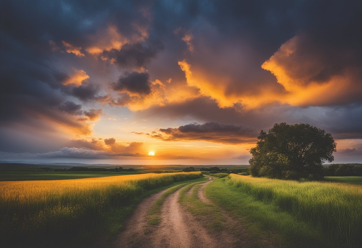 A stormy sky clearing to reveal a vibrant sunset over a serene landscape, symbolizing the journey from anger to gratitude for a male cancer thriver