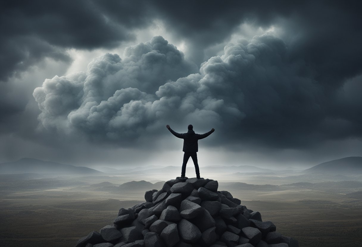 A lone figure stands strong, fists raised in defiance against a backdrop of swirling storm clouds