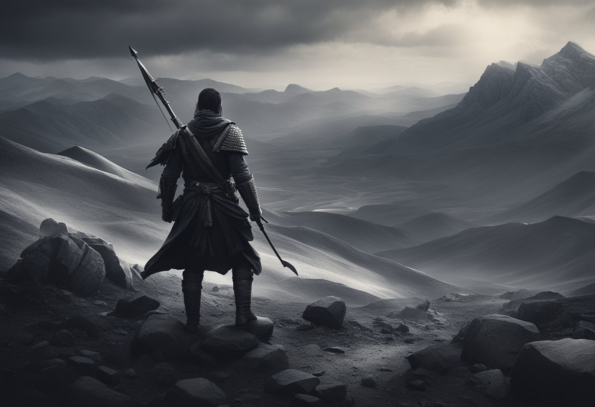 A lone warrior battles through a dark and treacherous landscape, his determination evident in every step