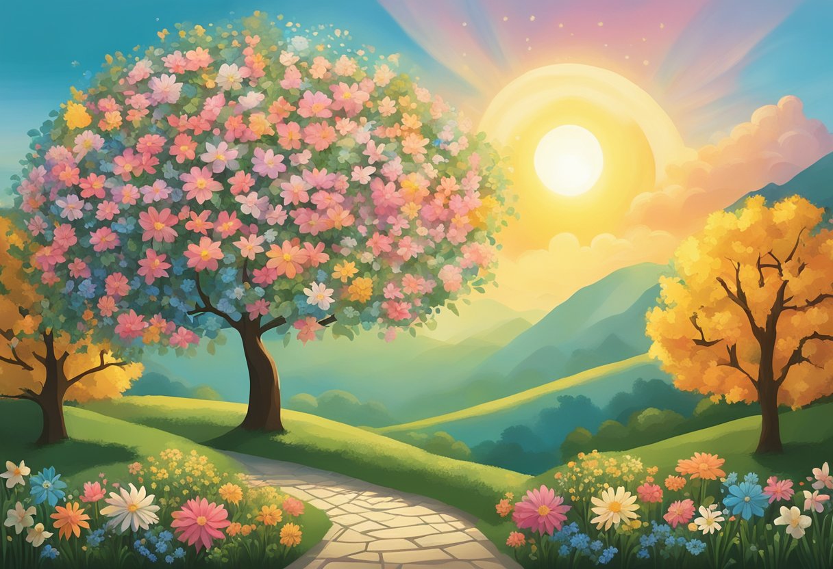 A vibrant garden with a flourishing tree, blooming flowers, and a rising sun, symbolizing resilience and hope