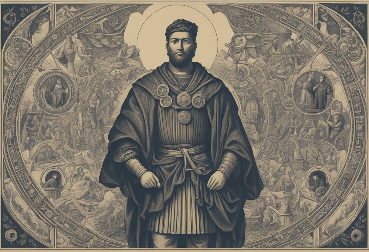 A male figure standing strong, surrounded by symbols of entrepreneurship and responsibility, with a determined expression