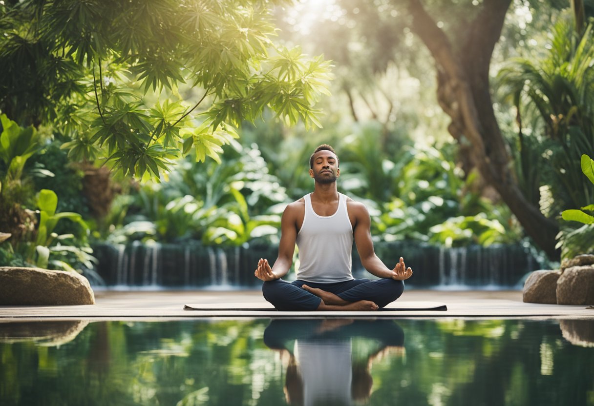 A man meditates in a peaceful garden, surrounded by lush greenery and calming water features. He practices yoga and deep breathing to manage stress