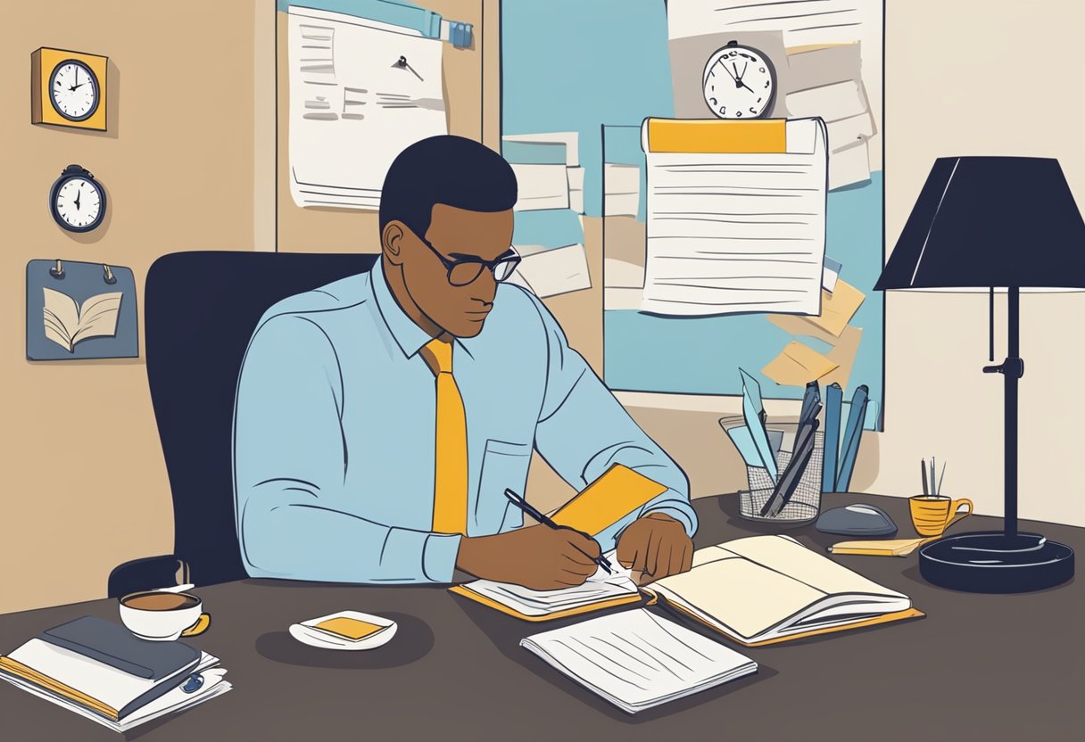 A man sitting at a desk, writing in a planner. A clock on the wall shows the time. A cup of tea and a stress ball are on the desk