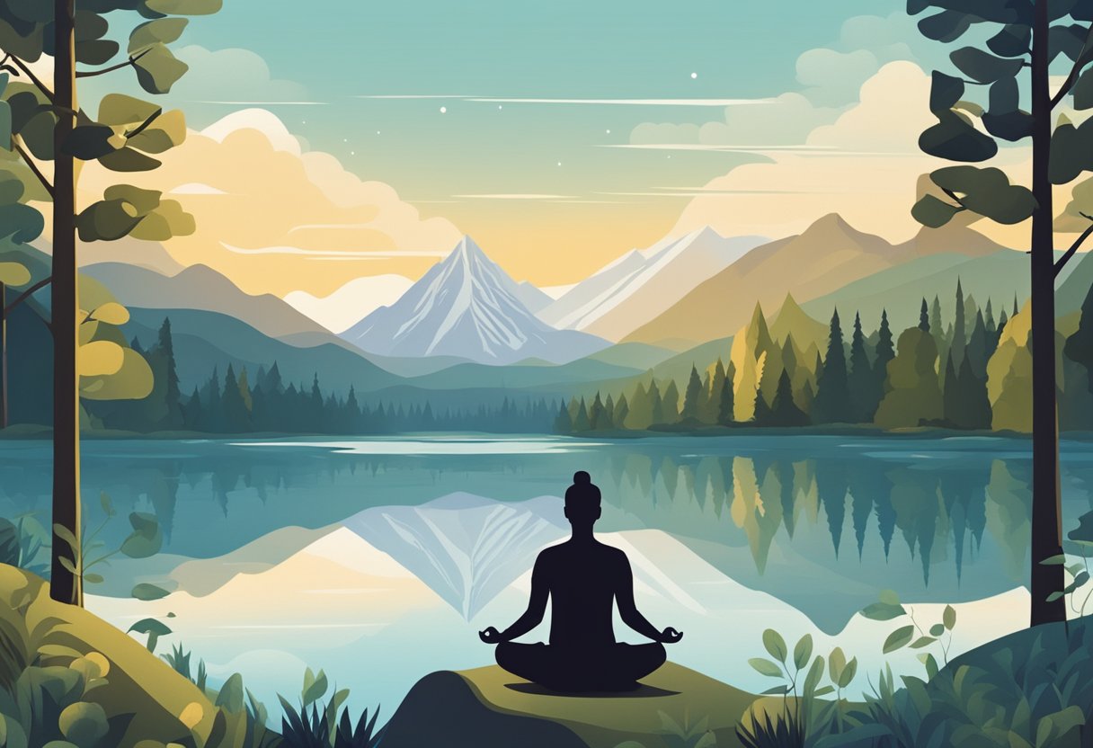 A peaceful nature scene with a serene lake surrounded by trees and mountains, with a figure engaging in calming activities like yoga or meditation