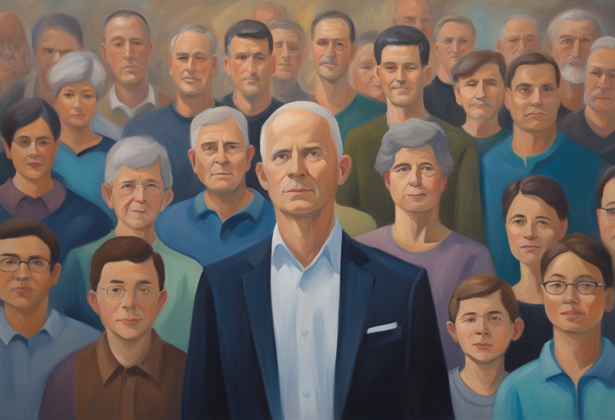 A male cancer survivor standing tall, surrounded by supportive family and friends, with a strong and determined look on his face