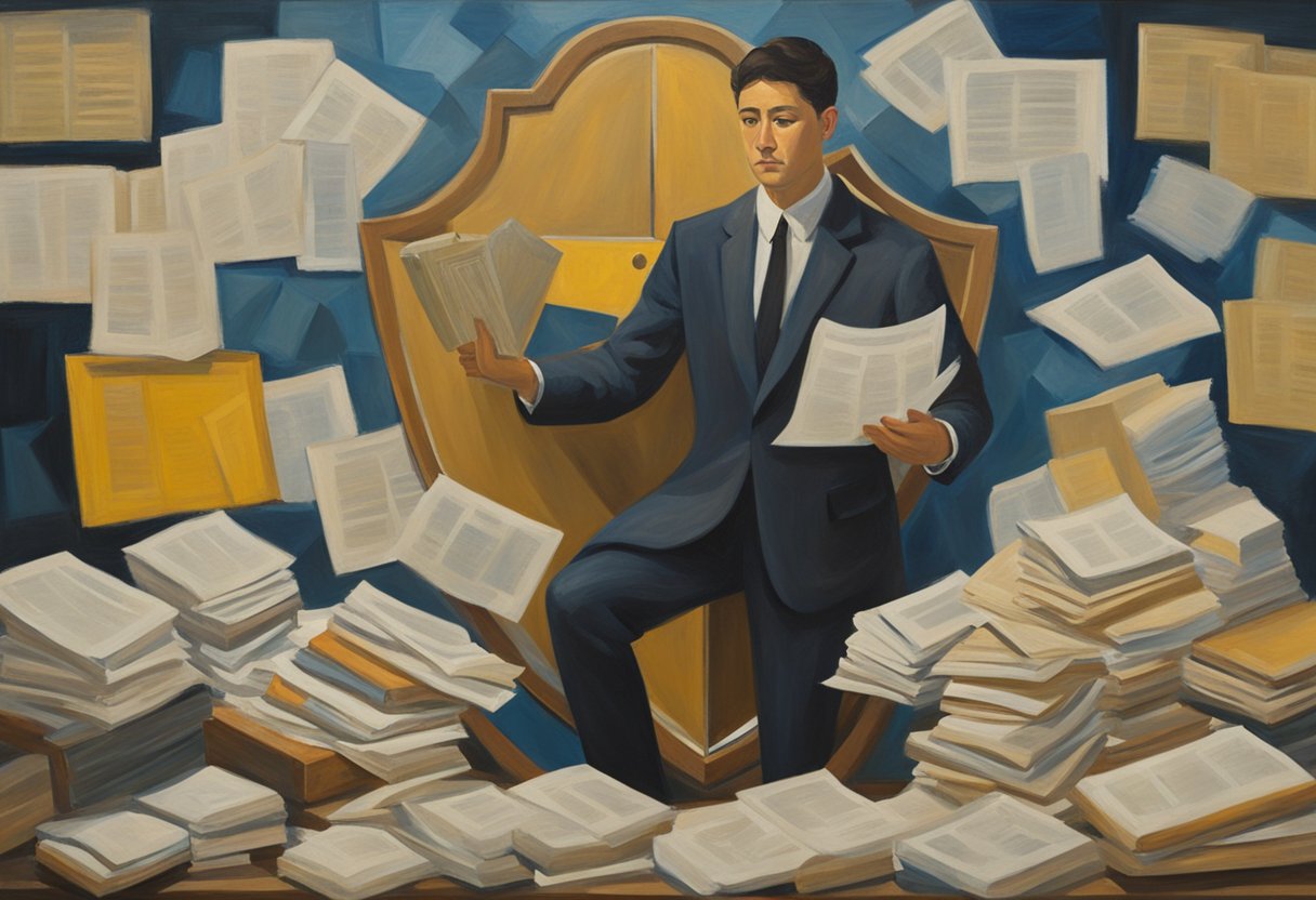 A male figure surrounded by legal documents and a shield symbolizing protection