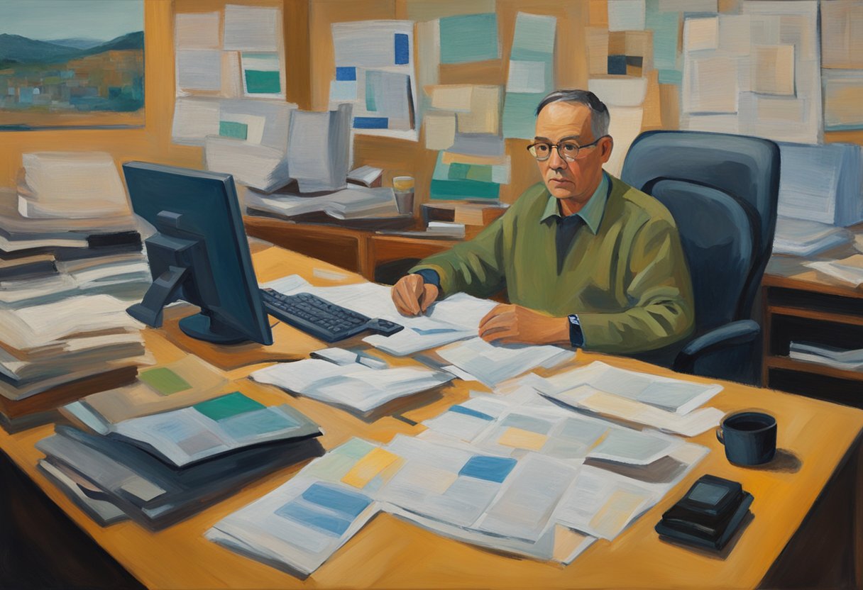 A man with a cancer survivor ribbon sits at a desk with a computer, surrounded by legal documents and accommodations for his workplace rights