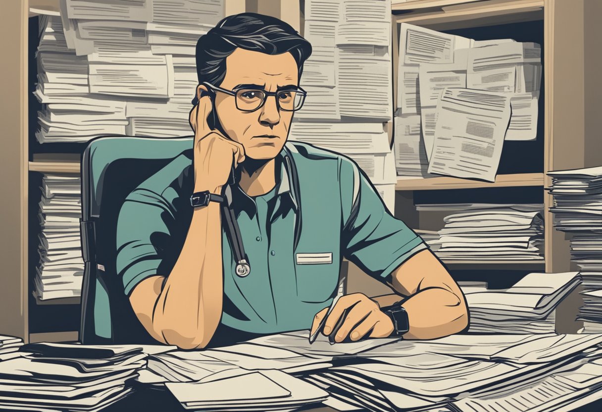 A man reviewing financial documents with a concerned expression, surrounded by medical bills and insurance paperwork