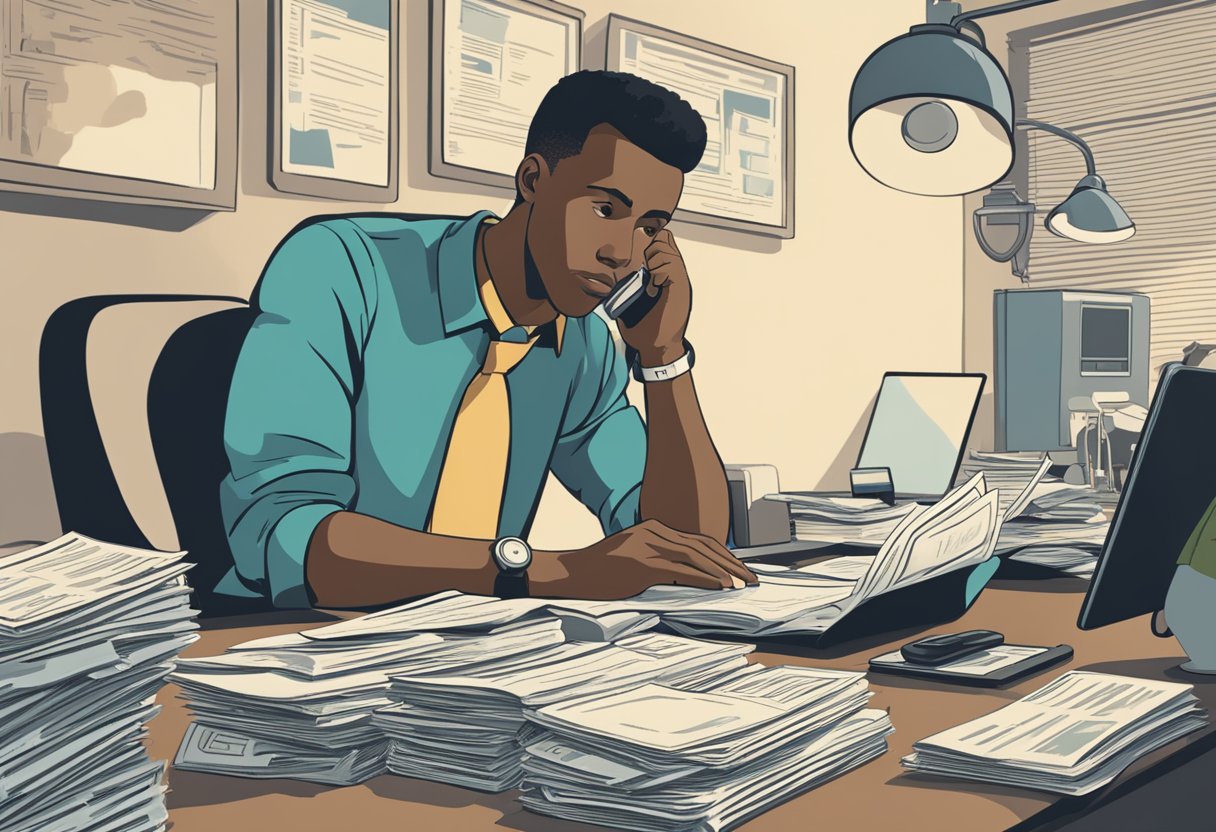 A man sits at a desk with paperwork, a laptop, and a phone, surrounded by medical bills and insurance documents