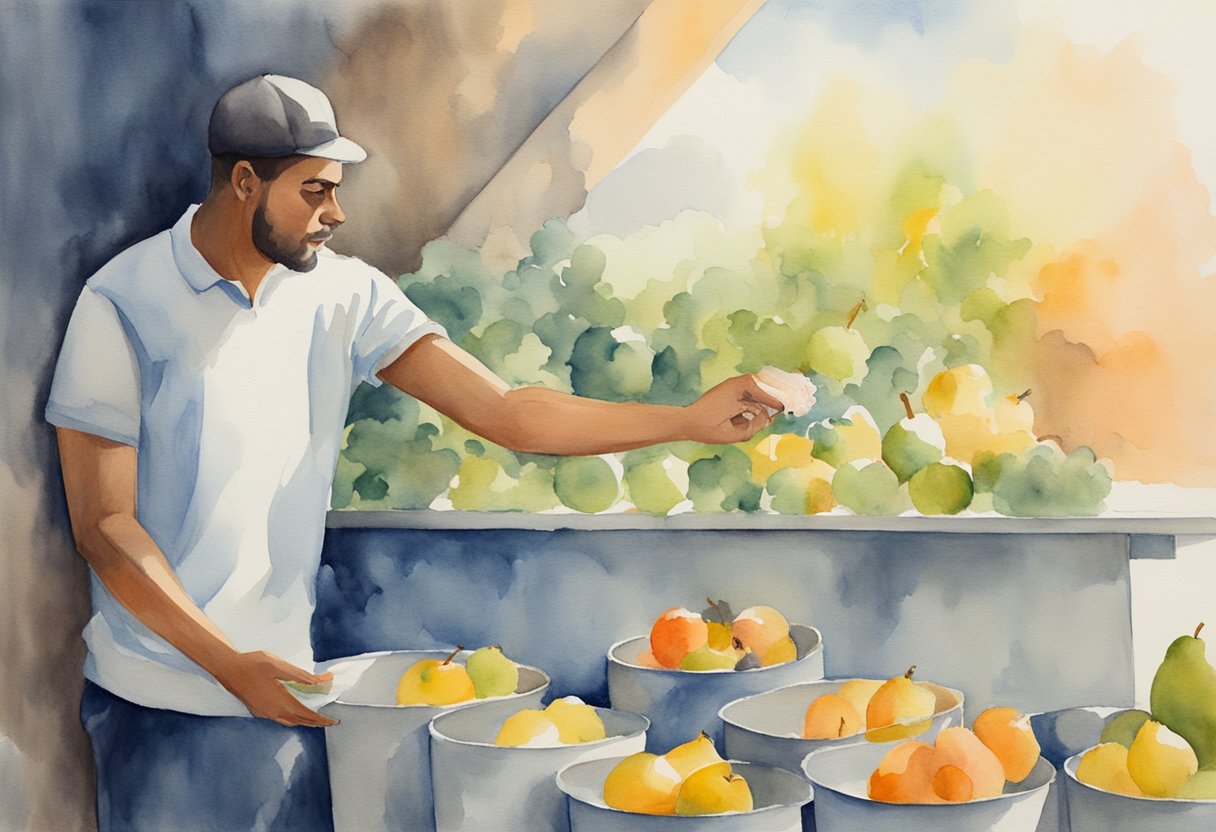 A man throwing away cigarettes and reaching for a piece of fruit