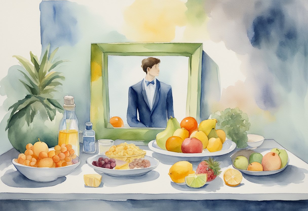 A man standing in front of a mirror, contemplating between a plate of fruits and a plate of junk food