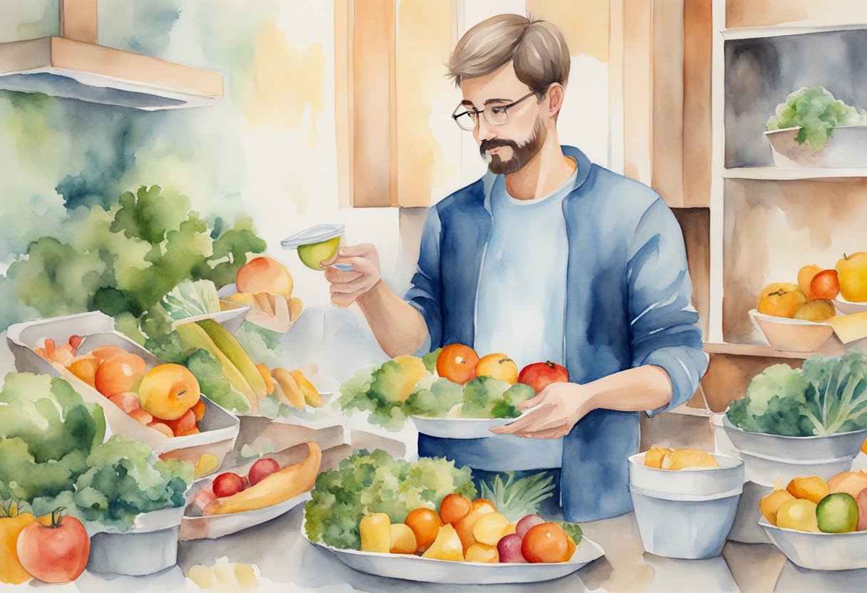 A man discards unhealthy food and replaces it with fruits and vegetables, symbolizing the role of nutrition in cancer survivorship