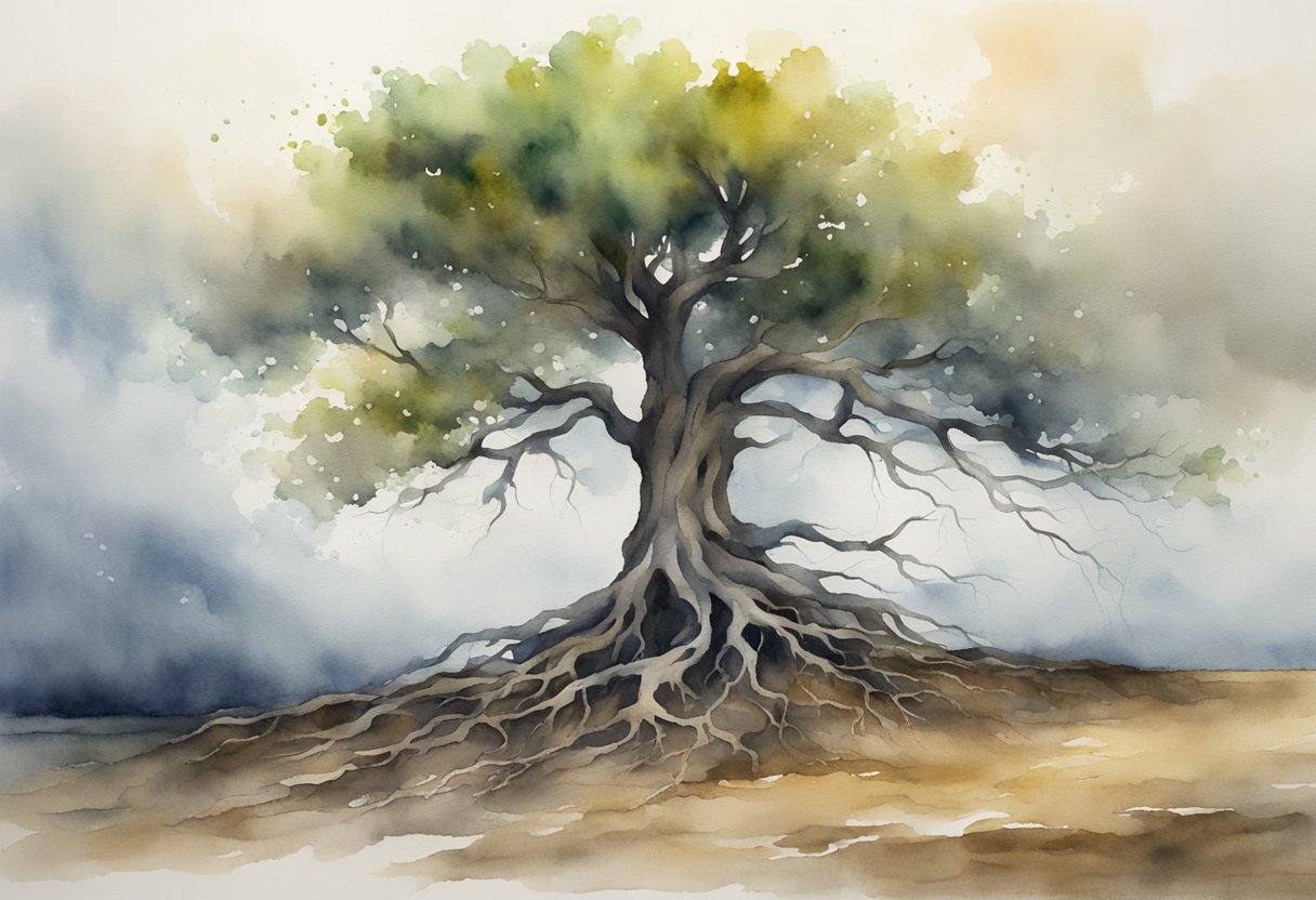 A lone tree stands tall amidst a storm, its roots firmly anchored in the ground as it withstands the fierce winds and rain