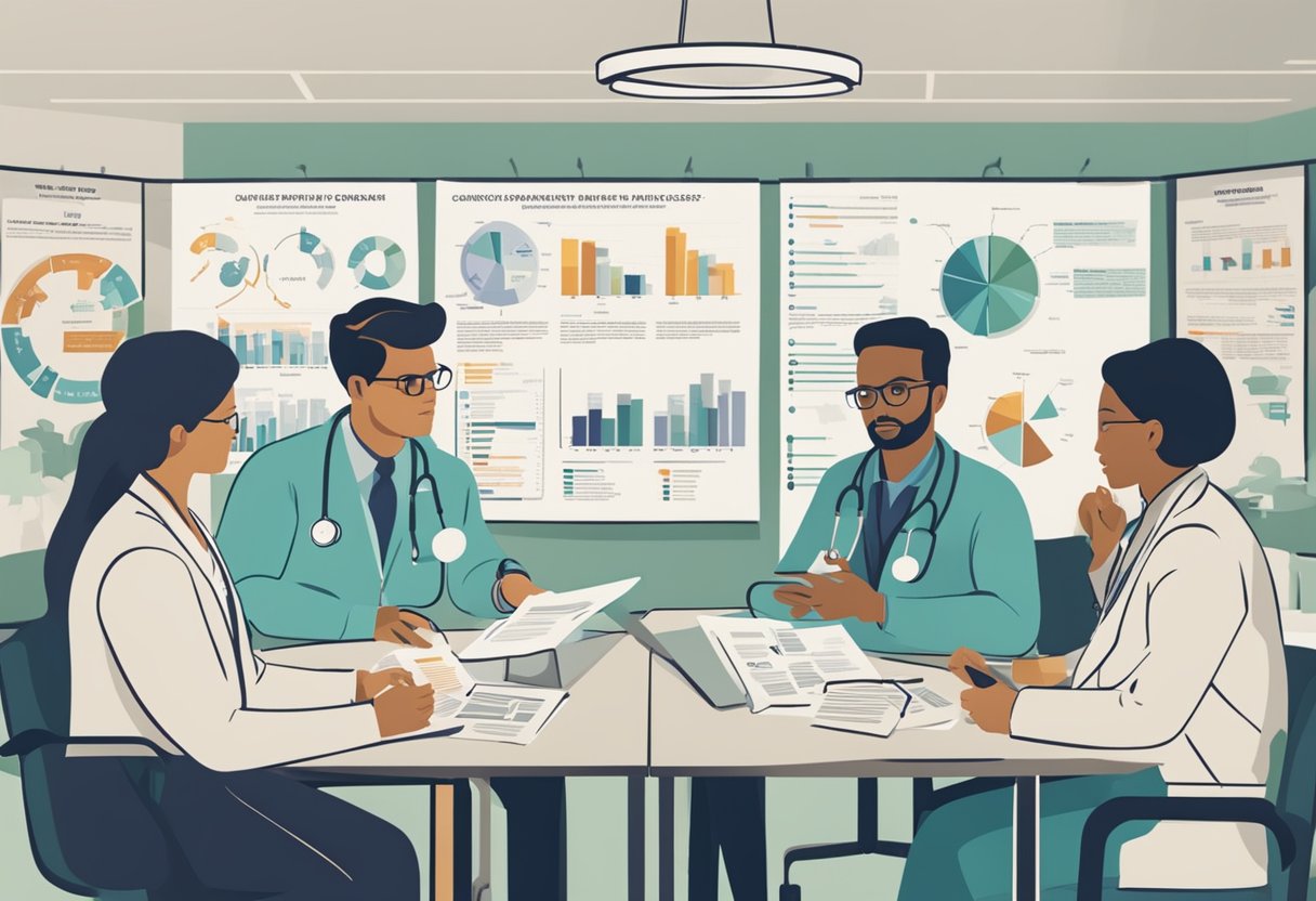 A group of medical professionals engage in a heated debate over cancer survivorship, surrounded by charts, graphs, and medical equipment