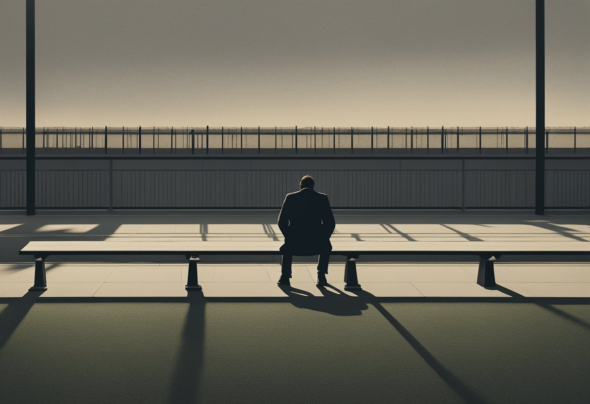 A lone figure sits on a bench, head bowed, surrounded by empty chairs. The dim light casts long shadows, emphasizing the sense of isolation and despair