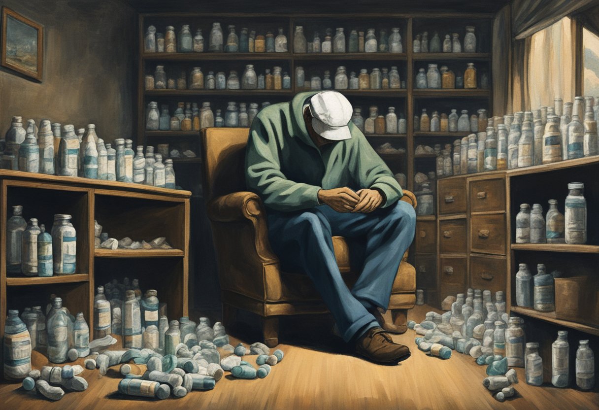 A man sits alone in a dimly lit room, slumped in a chair with his head in his hands, surrounded by empty pill bottles and crumpled tissues
