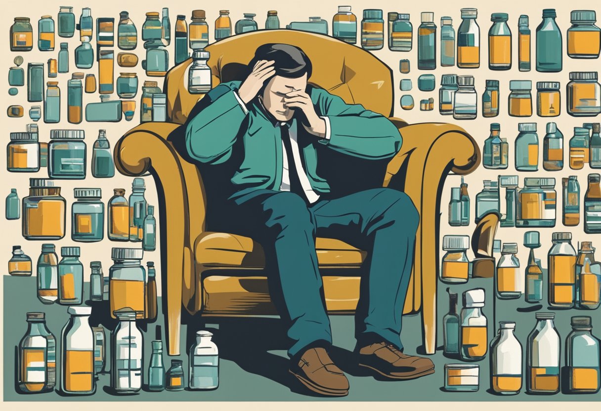 A man sits slumped in a chair, surrounded by empty pill bottles and medical equipment. His head is bowed, and his expression is one of defeat and exhaustion