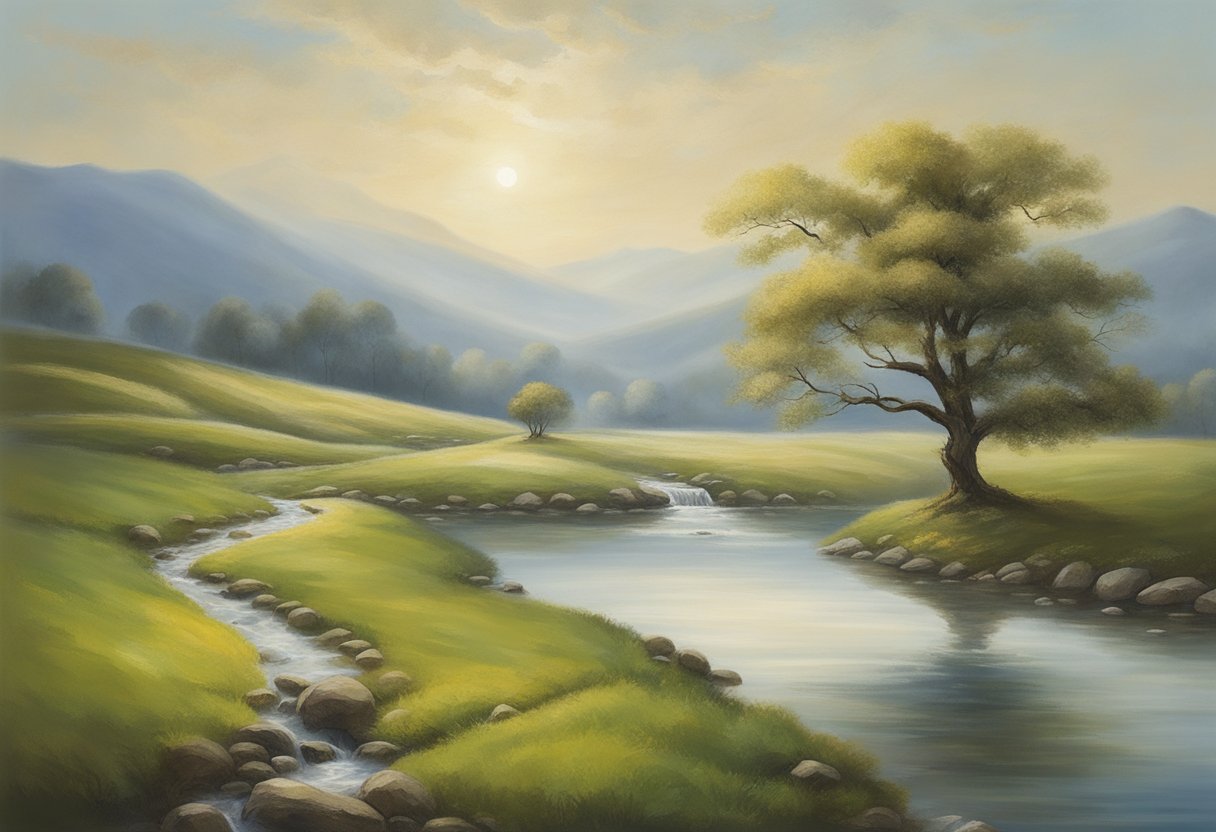 A serene landscape with a lone tree and a gentle stream, symbolizing peace and resilience