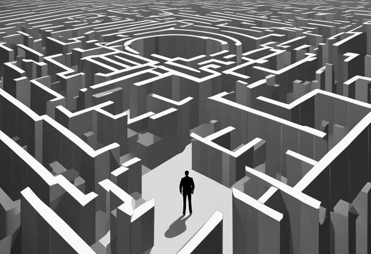 A lone figure stands amidst a maze of emotional traps, symbolizing the inner struggles of a male cancer warrior