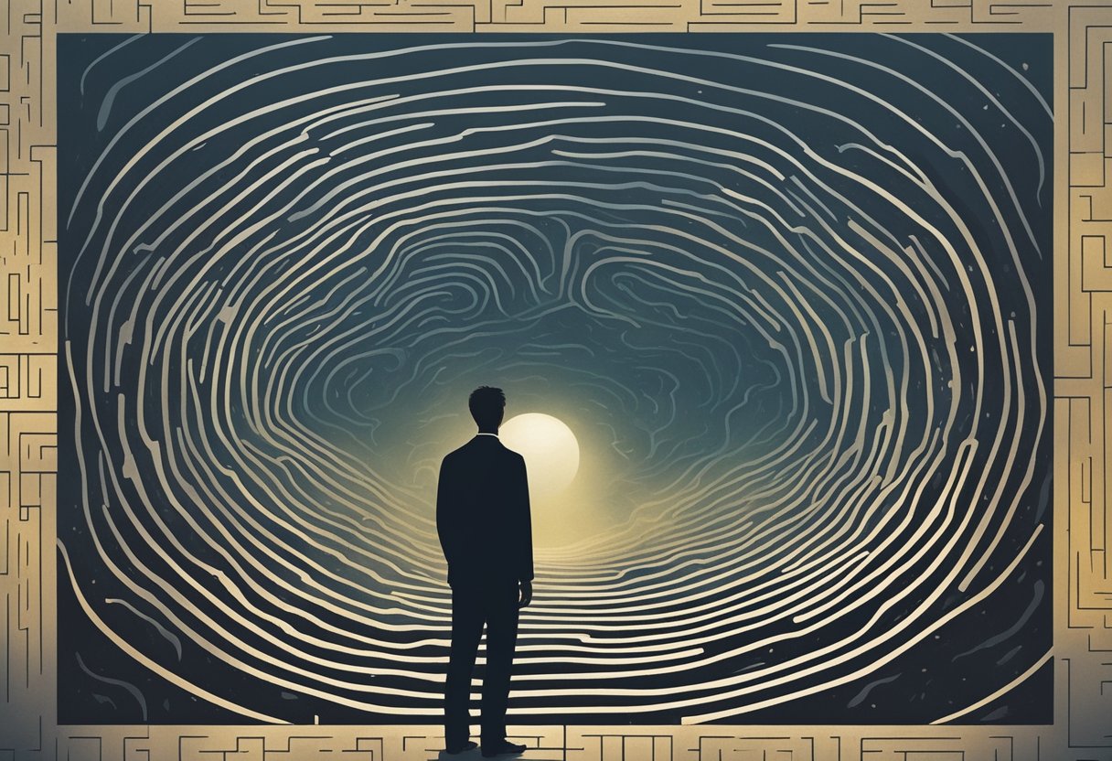 A man stands at the center of a maze, surrounded by a tangle of emotions and mental health struggles. Dark clouds loom overhead, while rays of hope break through the gloom