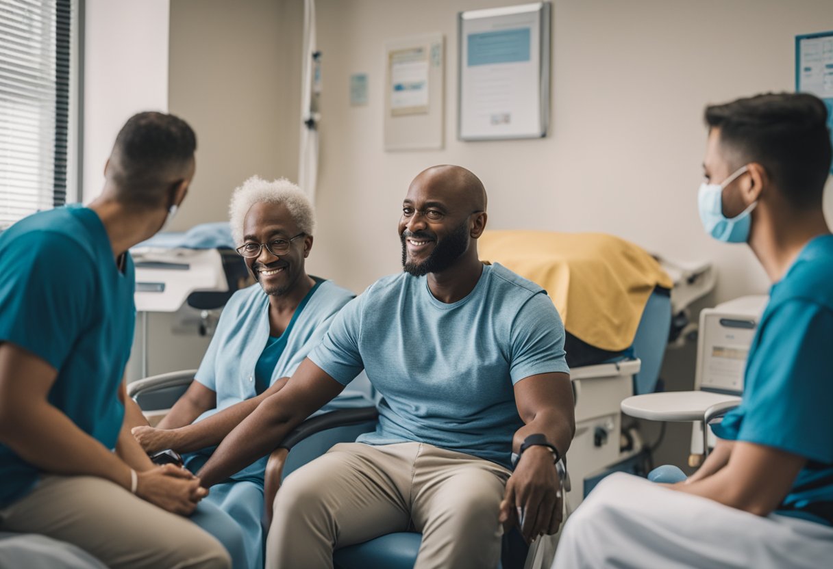 A male cancer warrior sits in a hospital room, surrounded by supportive loved ones. Emotions run high as they share stories and offer words of encouragement