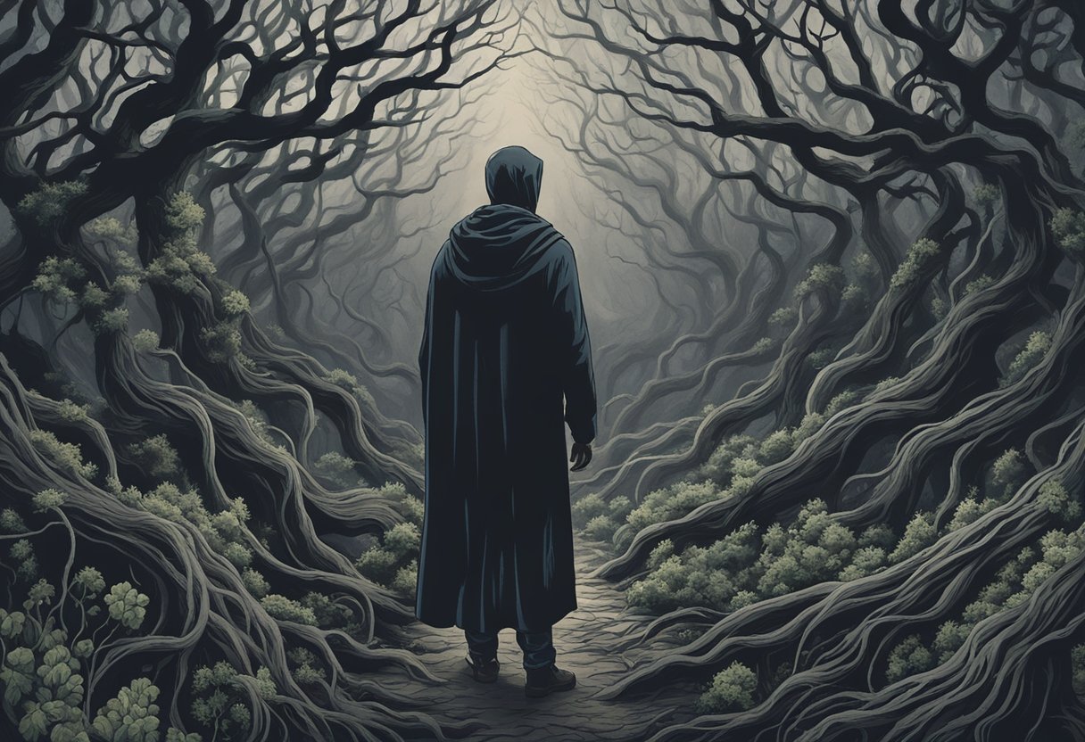 A lone figure stands in a dark forest, surrounded by a tangle of thorny vines and heavy clouds overhead, symbolizing the emotional buildup and psychological traps of caregiving for a male cancer warrior